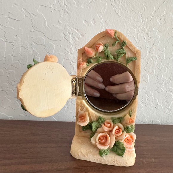 Vintage Miniature Mirror Floral Roses Garden Pink Plaster Cottagecore - Picture 6 of 8